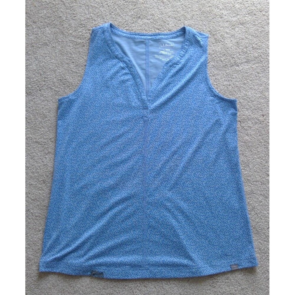 LL Bean Tank Top Womens Large Streamside Tank Split Neck Blue Geometric *Flaw*